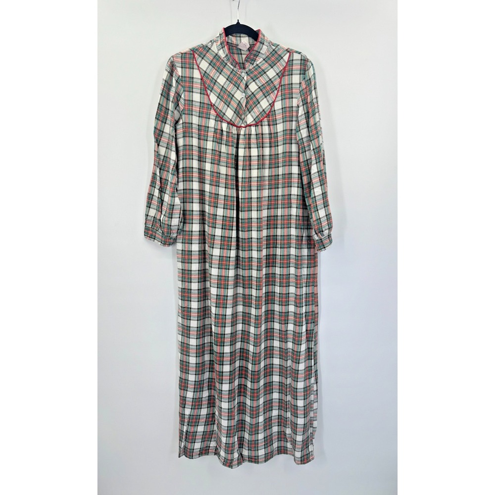 VTG Sears Plaid Flannel Nightgown Night Dress Medium Full Length Cotton USA Made